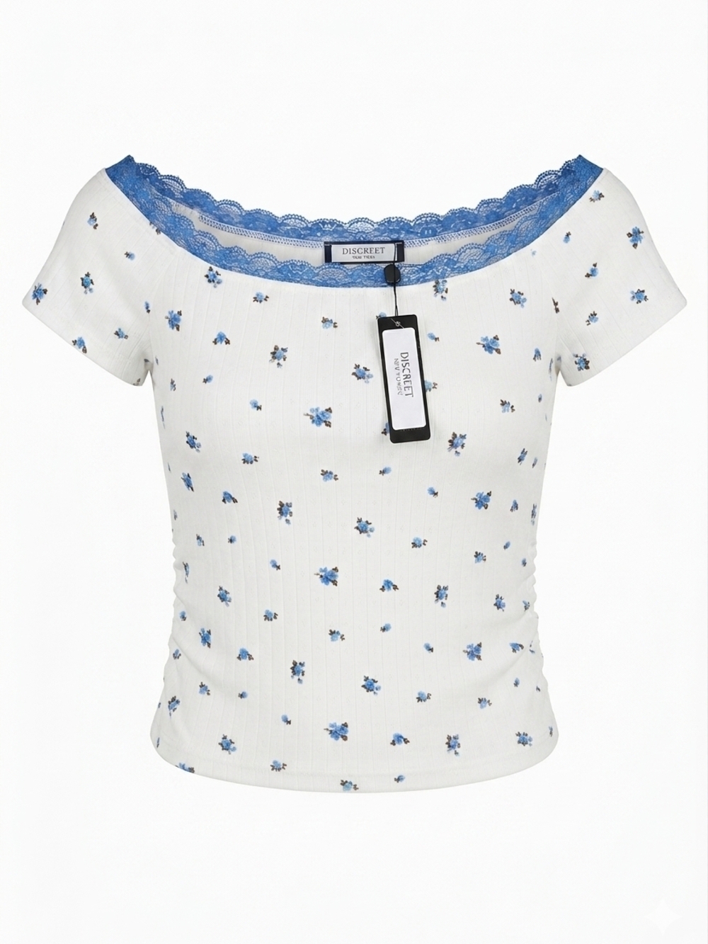 Discreet White Crop Top with Blue Floral Print and Lace Trim